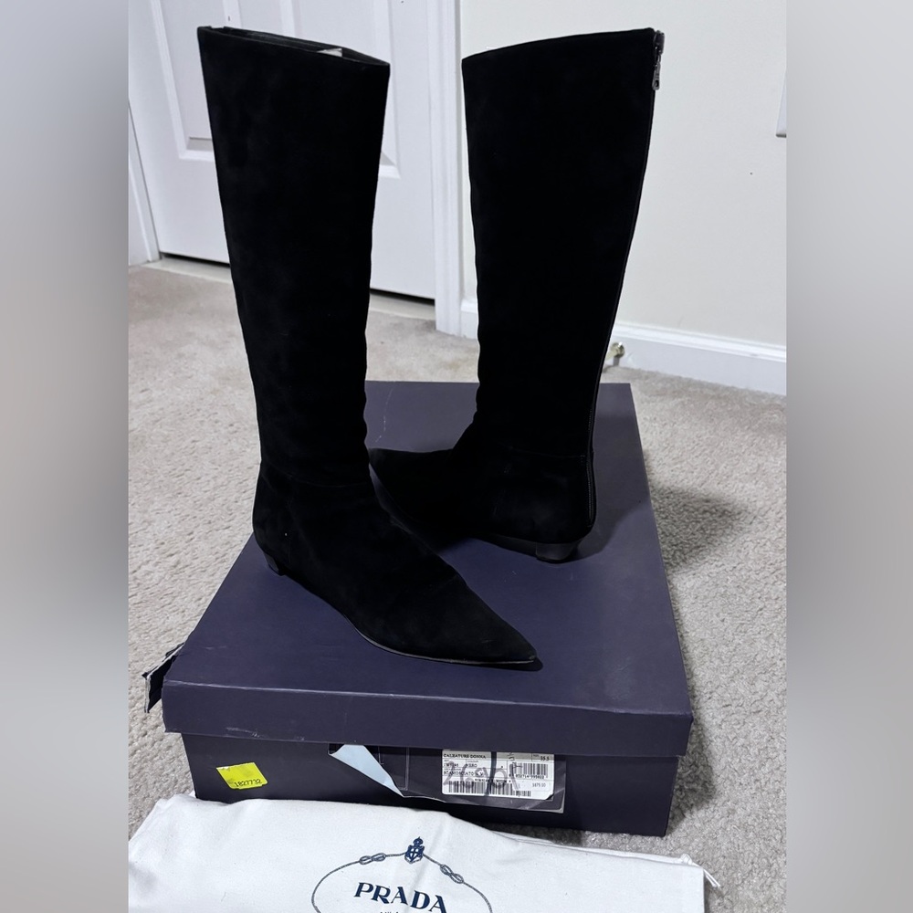 Prada suede leather flat pointy boots